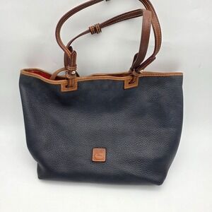 Dooney & Bourke Pebbled Navy Tote Bag Brown Handles Red Interior